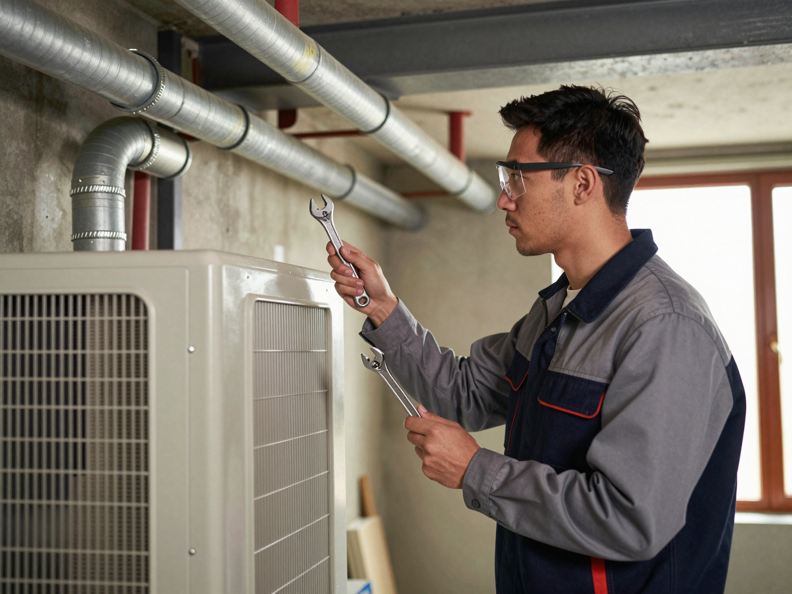 HVAC technician performing heating system repair